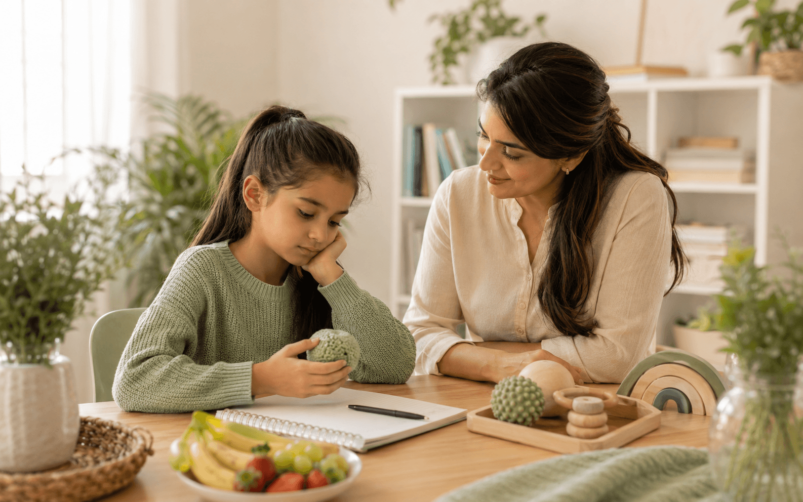 Mother gently supporting a young girl in a calm natural consultation setting