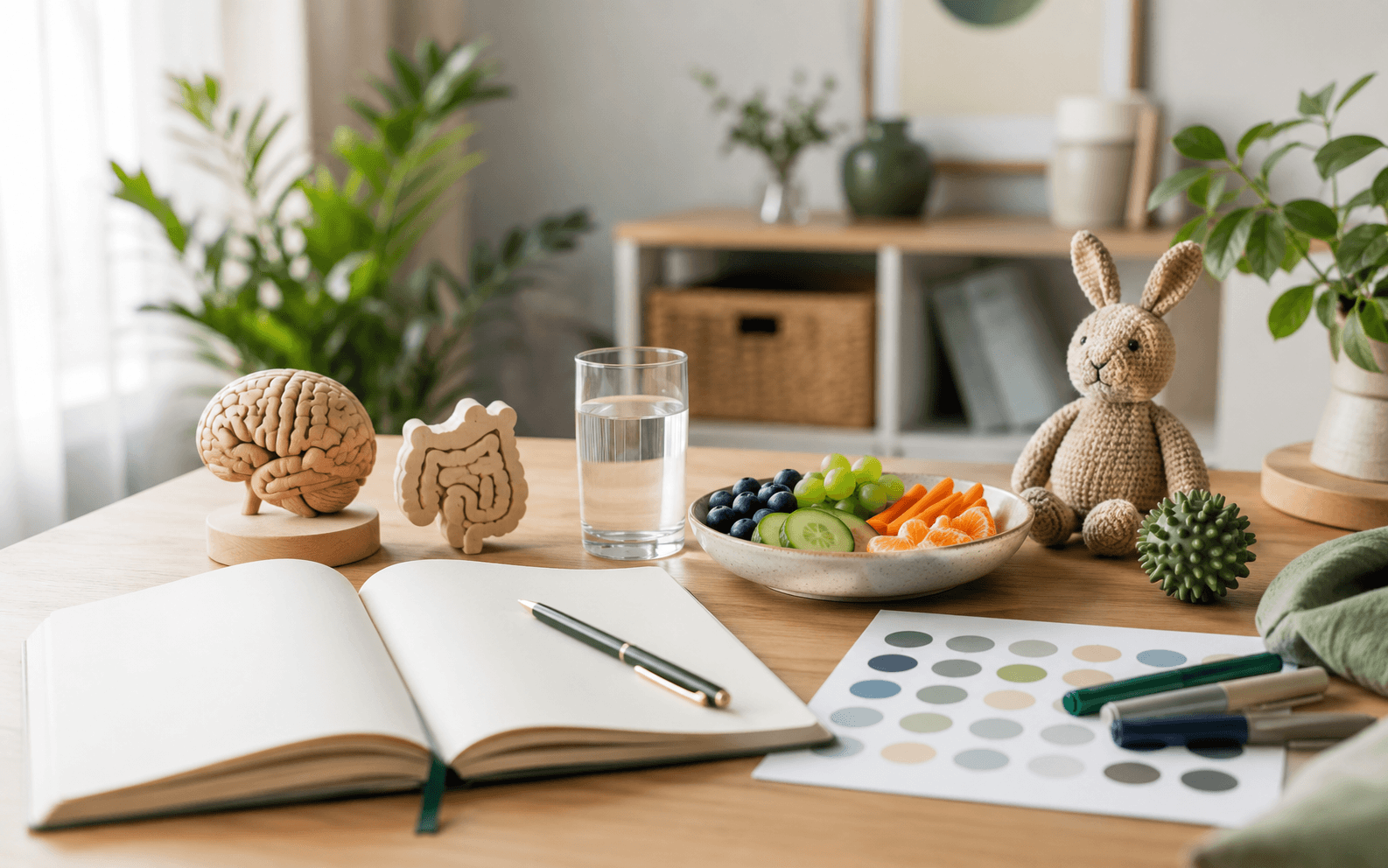 Gut-brain autism support tabletop with notebook, nutrition, and child wellness objects