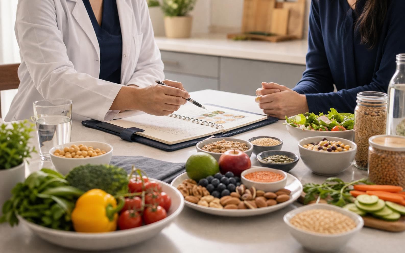 Nutrition wellness consultation with healthy foods and meal planning notes