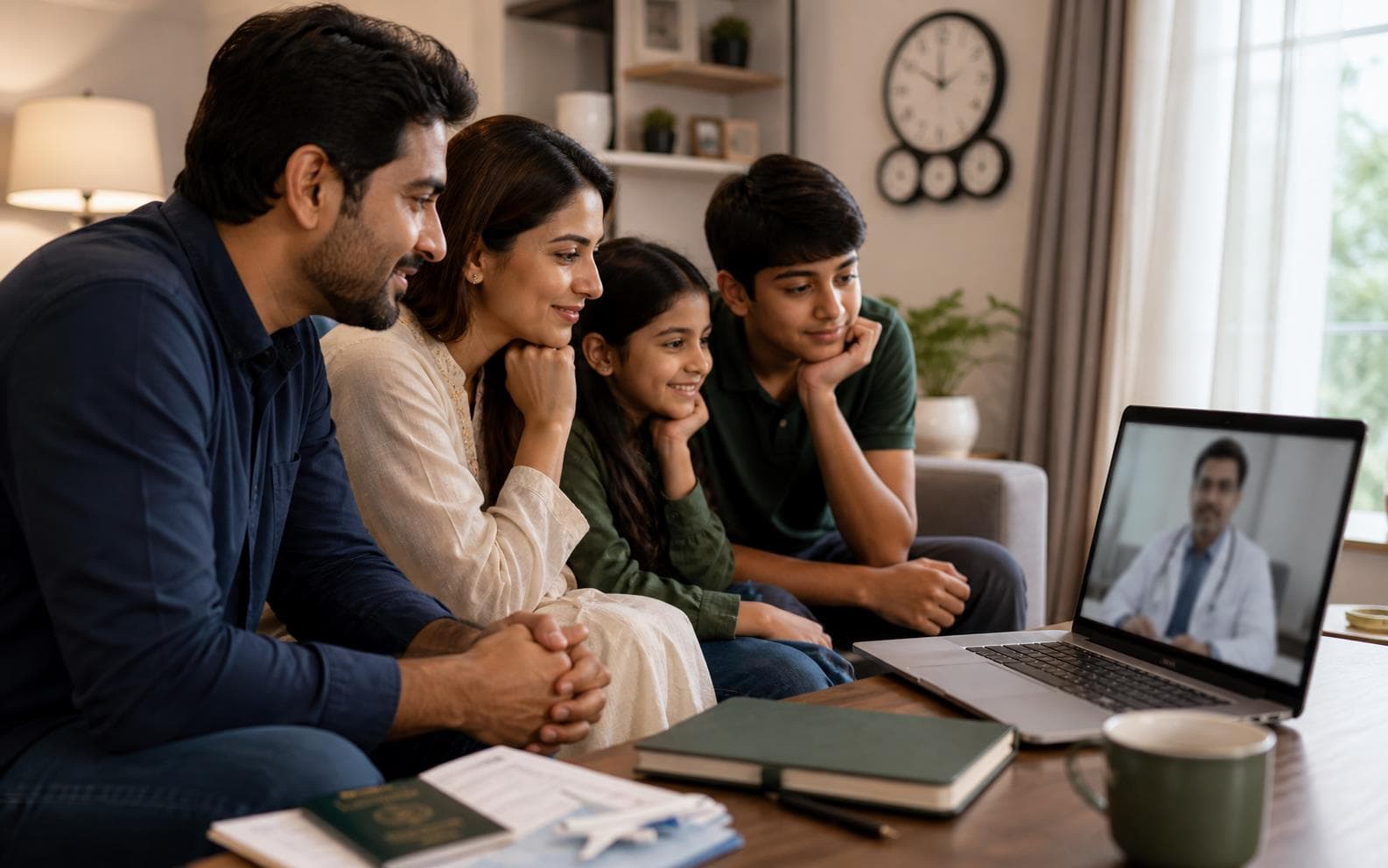 Overseas family preparing for an online wellness consultation